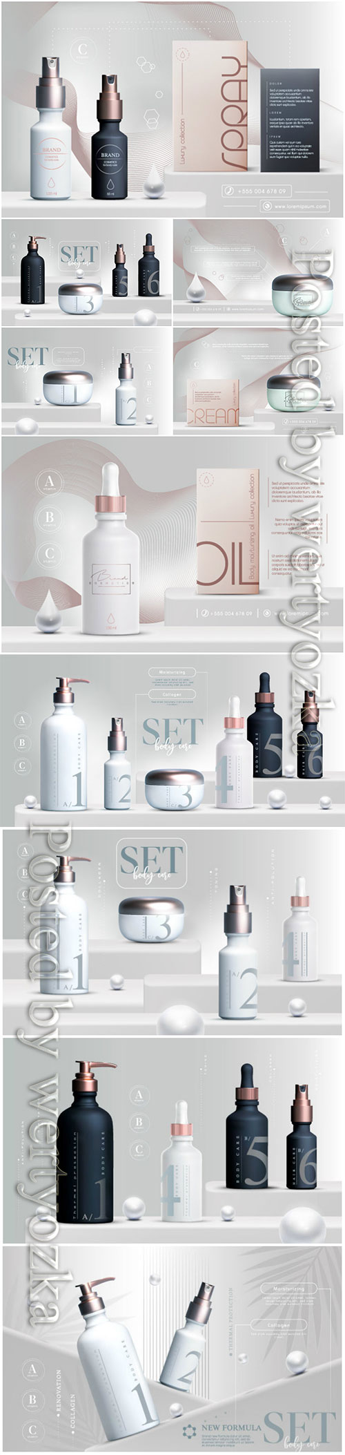 Vector 3D elegant cosmetic products set vector illustration