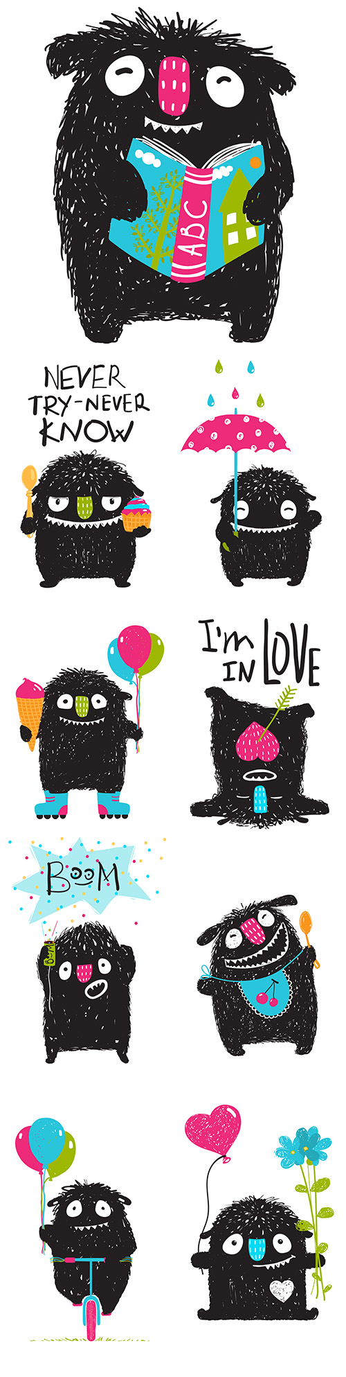Funny monster with flowers and hearts illustration for children
