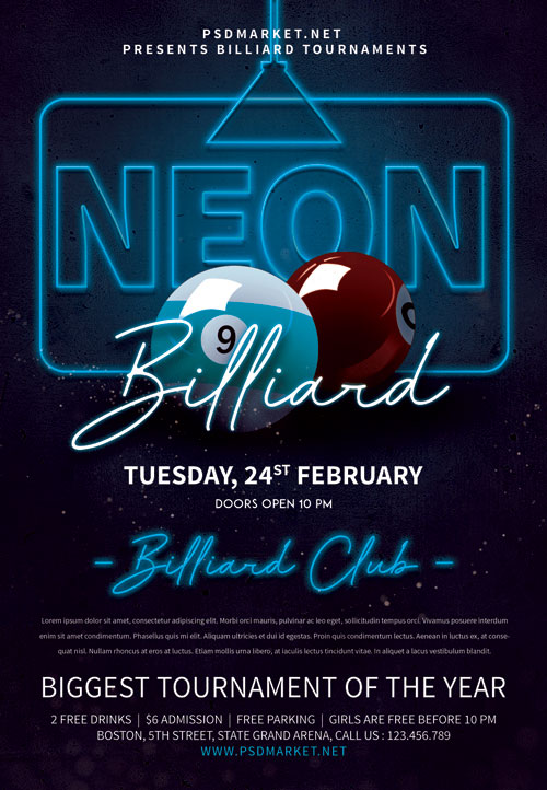Neon billiard night - Premium flyer psd template