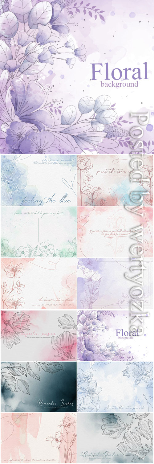 Watercolor flowers vector background in pastel colors
