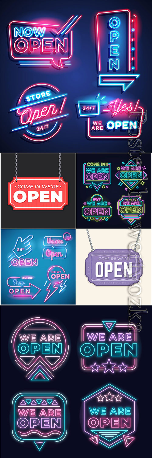 We are open neon sign vector collection