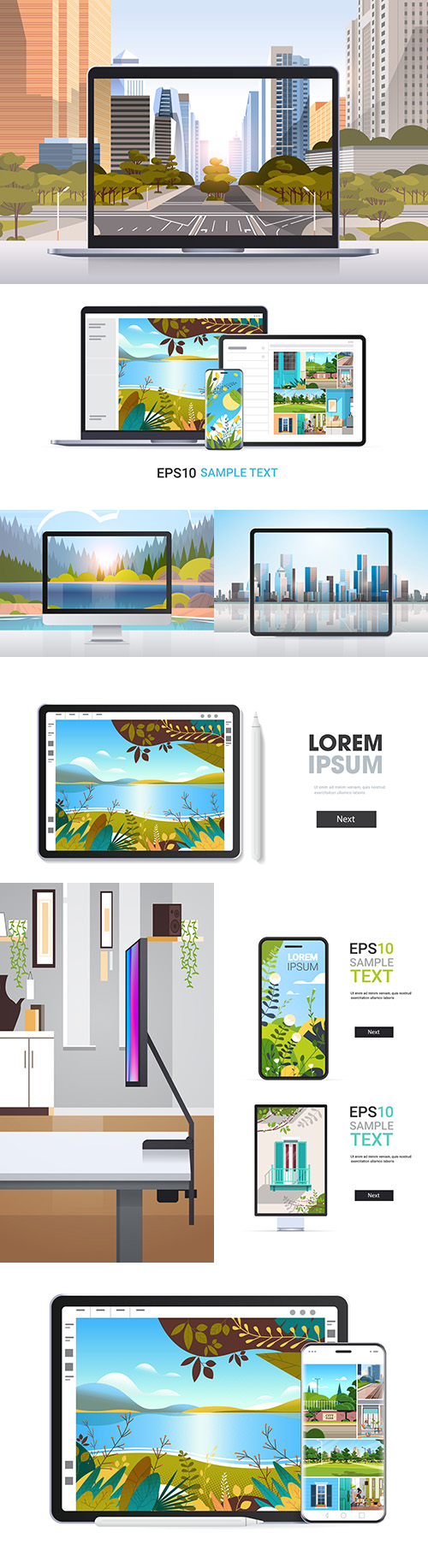 Graphic tablet and display screen with beautiful landscape
