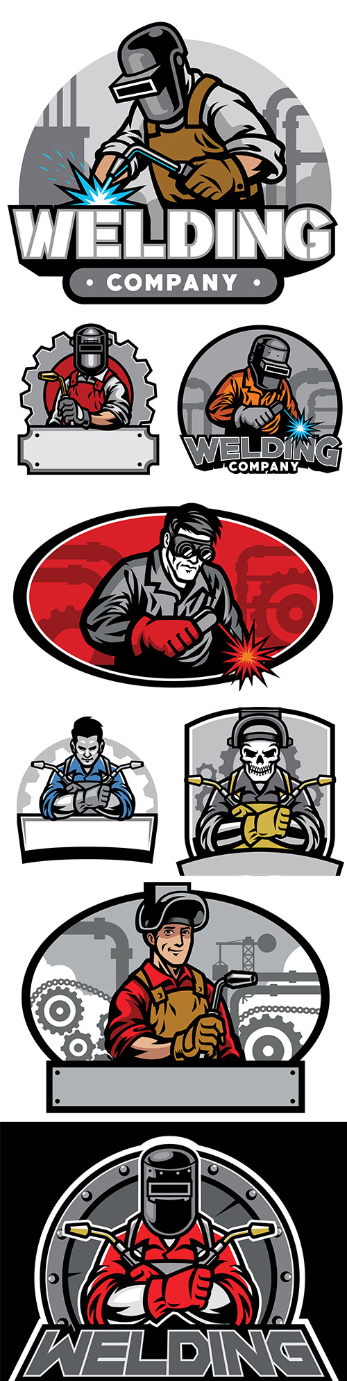 Welder with welding tools and helmet design company logo
