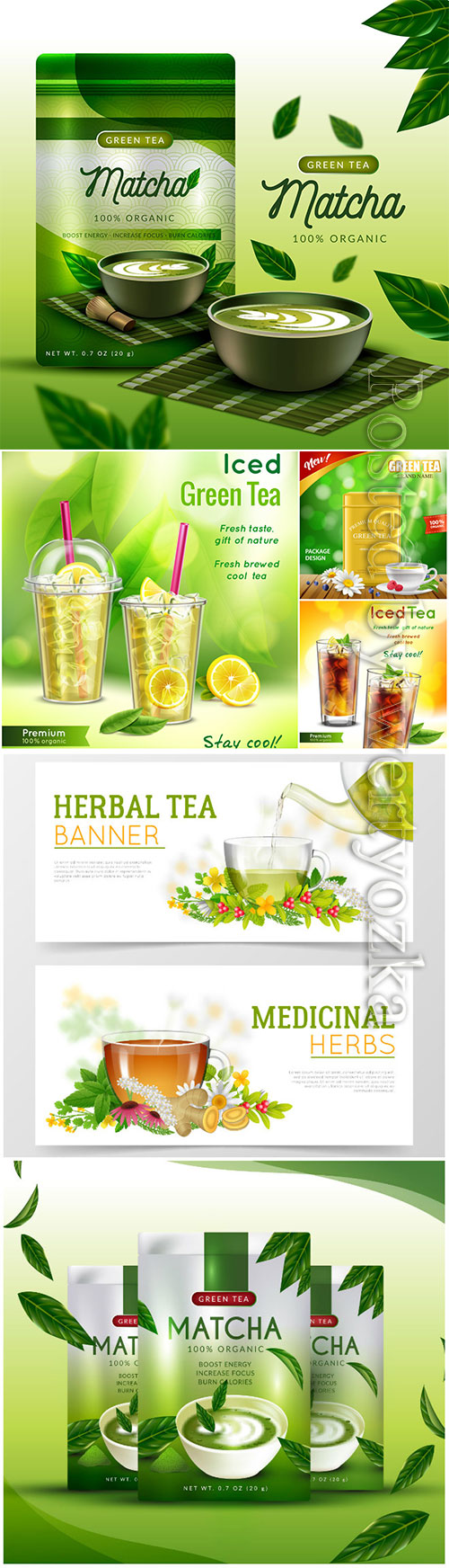 Realistic matcha tea ad concept vector illustration