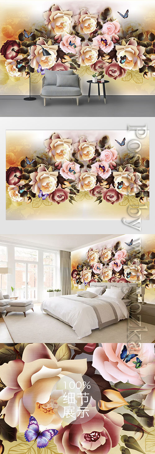3D models template new modern flower flying butterfly background wall