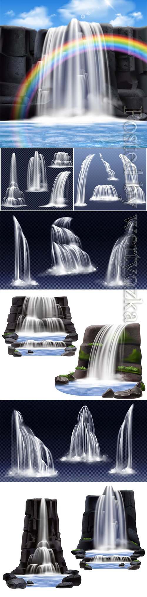 Waterfalls realistic compositions vector design