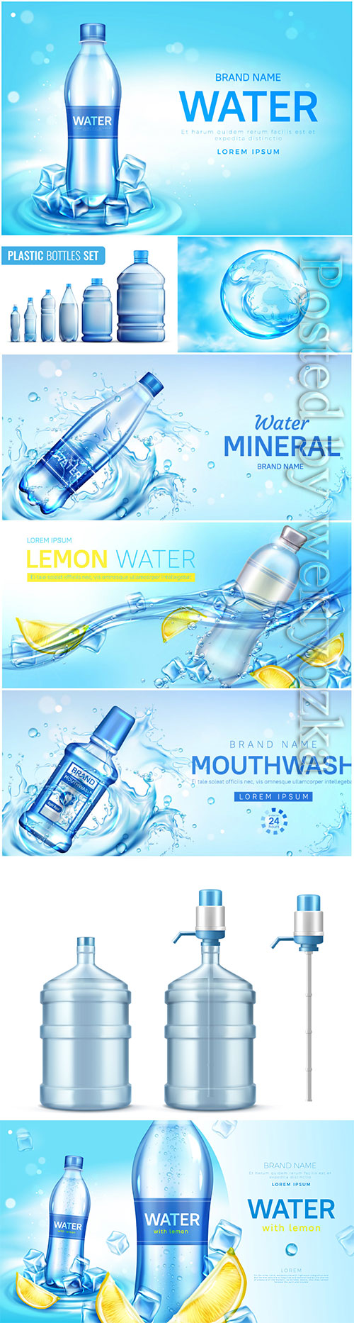 Water bottle ad banner, flask with drink, splashing water drops in vector # 3