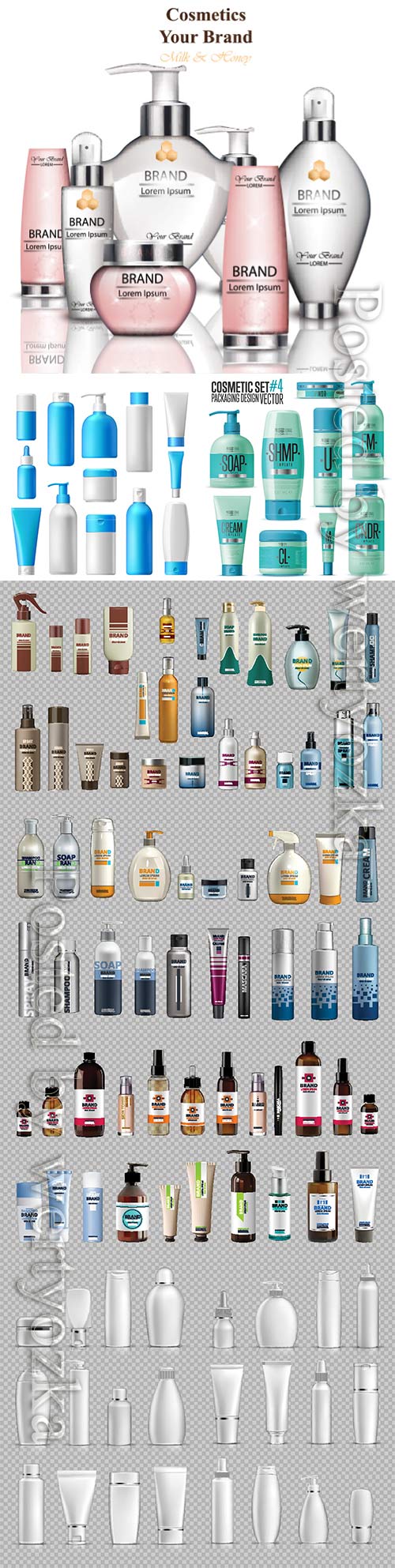 Cosmetic brand template, realistic bottle mock up set