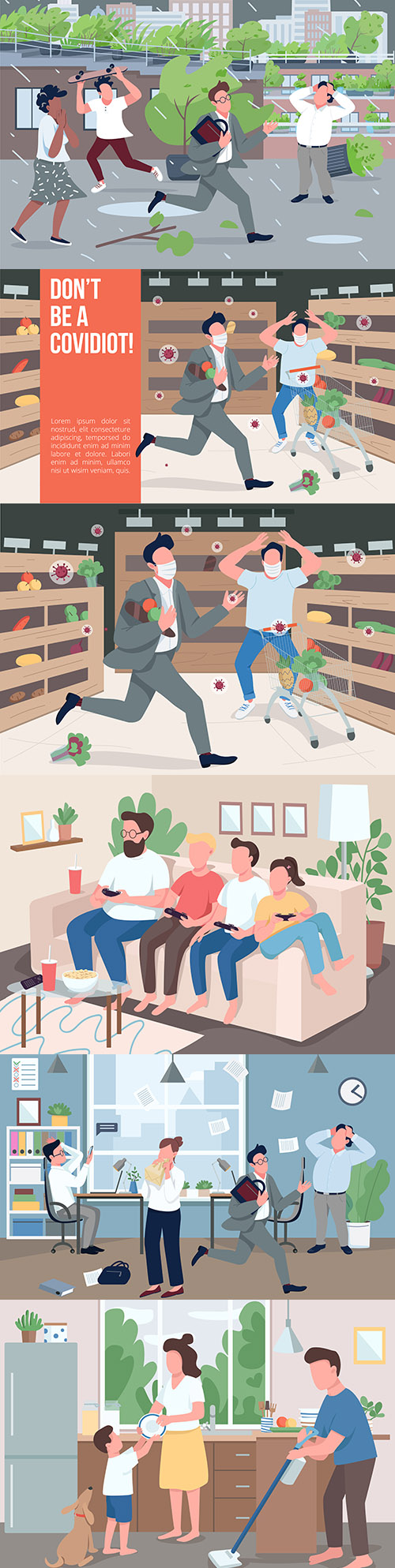 People in different situations at home and on walk illustration
