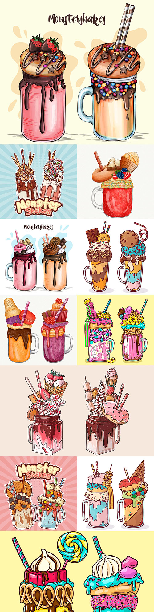 Tasty ice cream and monster shakes illustrations
