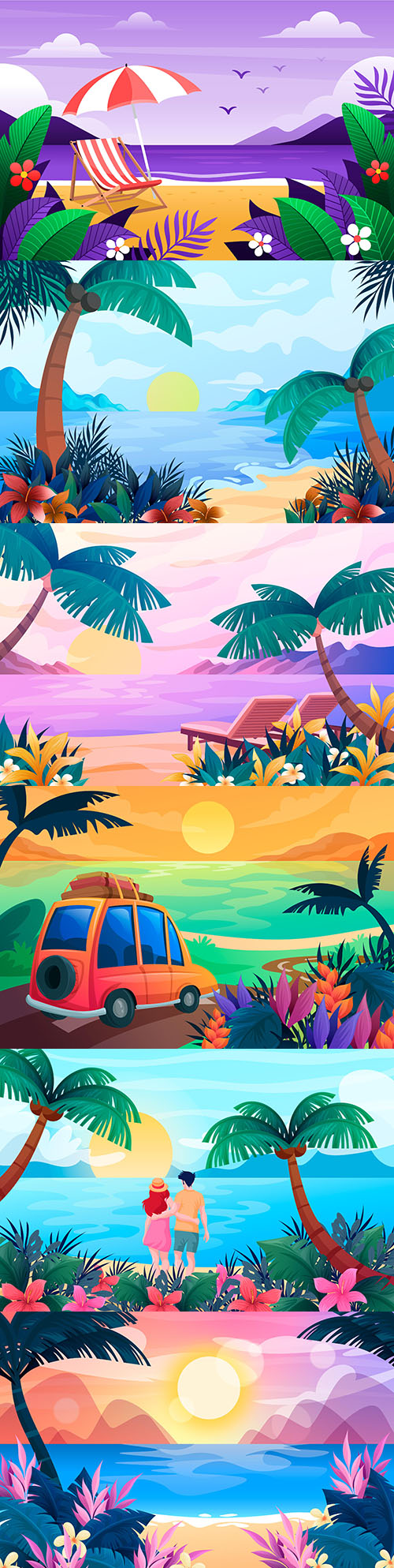 Summer beach with tropical leaves and sunset background
