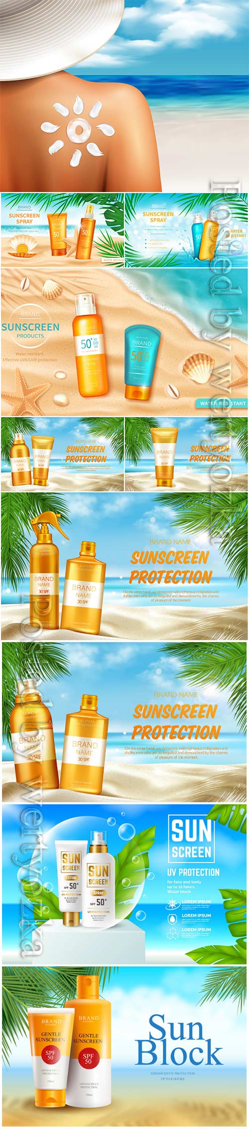 Summer skin care cosmetics, advertising posters in vector