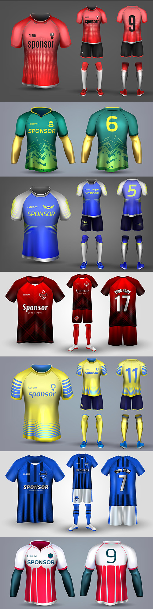 Colored T-shirt and football uniform for all body design
