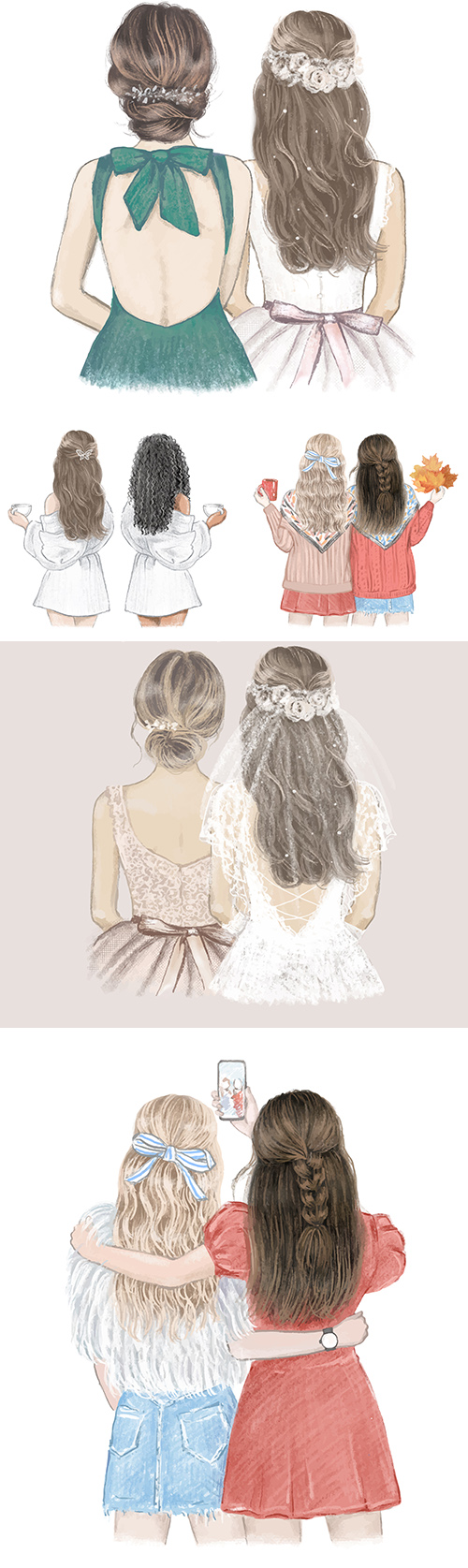 Girls with a beautiful hairstyle turned back illustration
