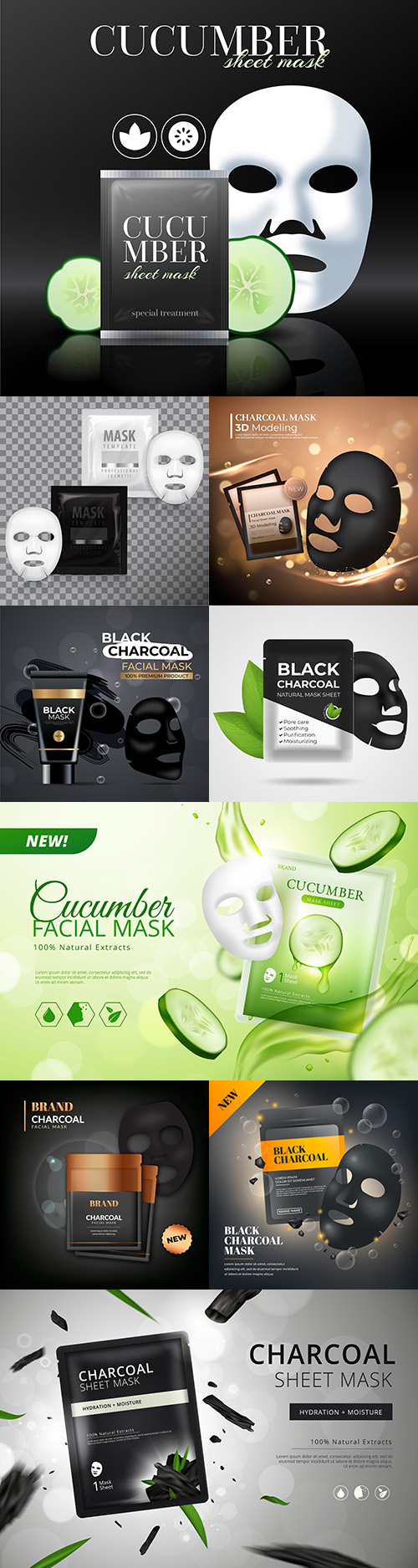 Realistic design template for cucumber and coal mask sheet
