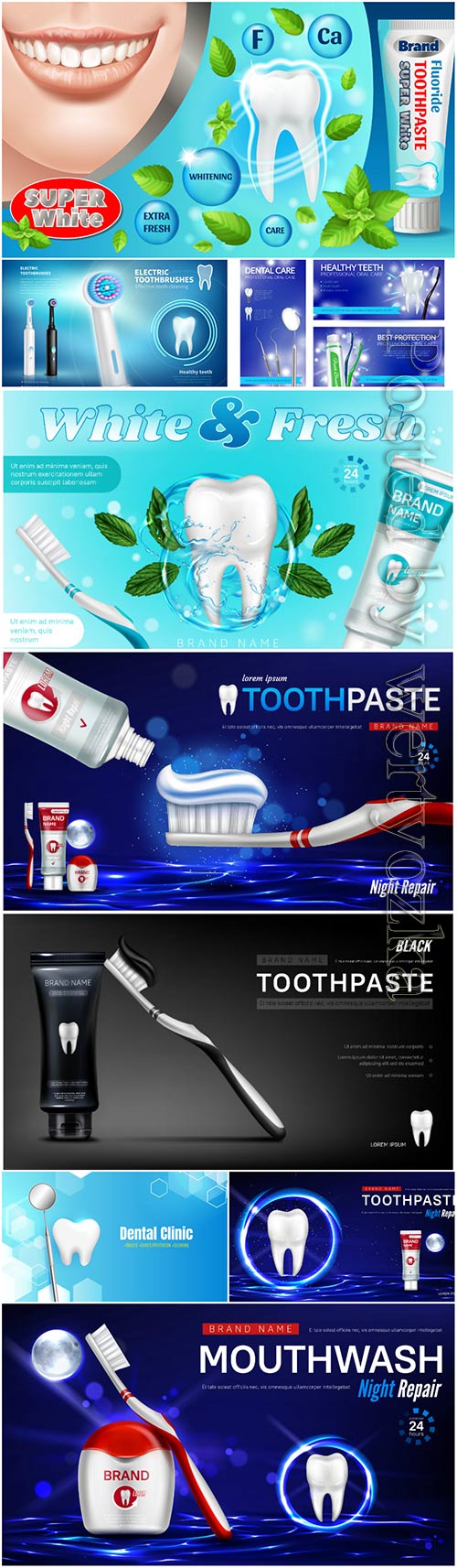 Toothpaste advertising vector posters, dentistry