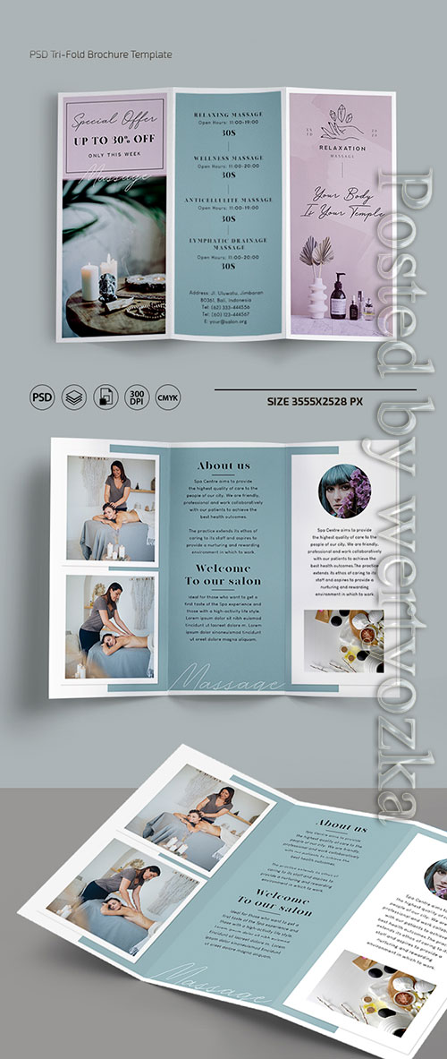 Massage trifold brochure templates in psd