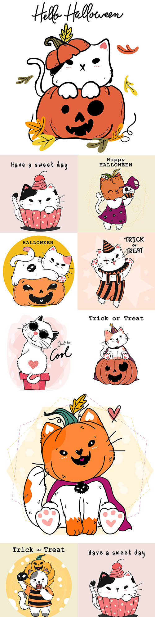 Cute happy cartoon white cat in Halloween costume
