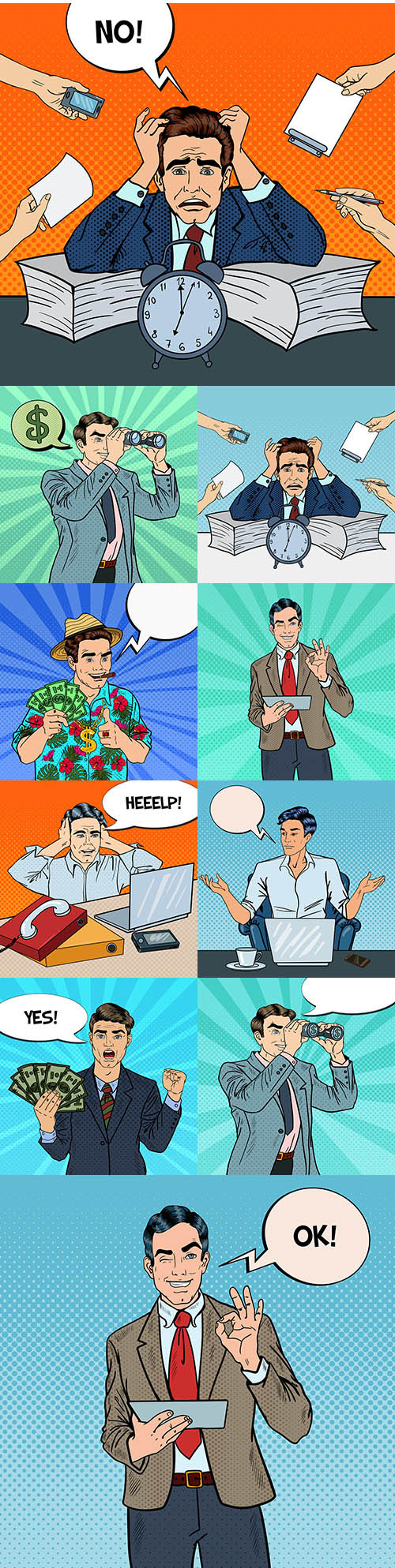 Pop art businessman in multitasking office work illustration
