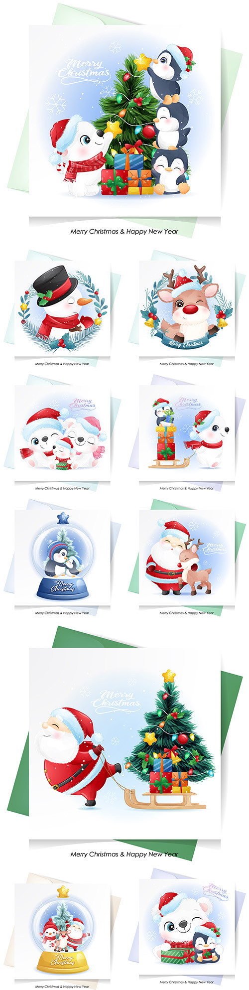 Cute Santa Claus, deer and snowman for Christmas with watercolor card
