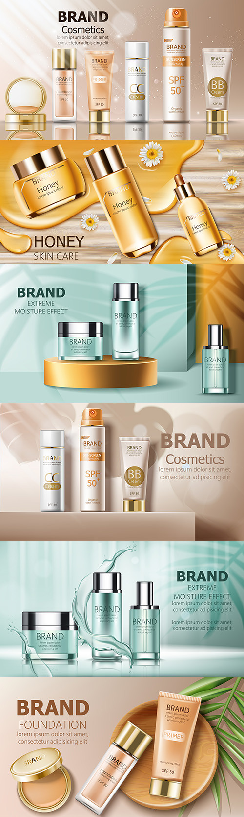 Body sunscreen and cosmetic containers on golden catwalk
